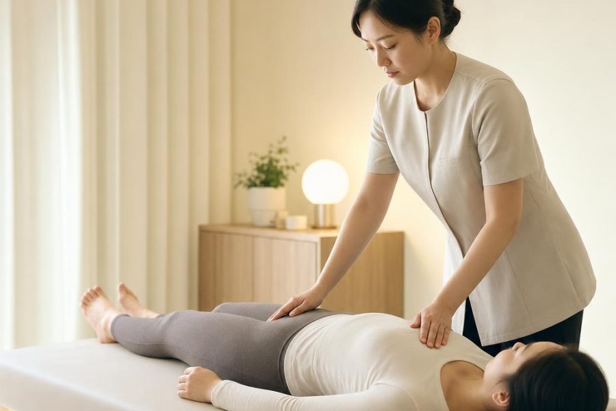 You lie in a neutral line while Margaret does a gentle structural-comfort step. There is no thrust and no X-ray.