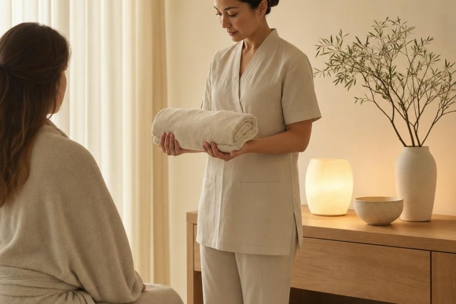 A warm, quiet visit for guests who want to feel more comfortable. You rest under a drape. It does not treat menopause.