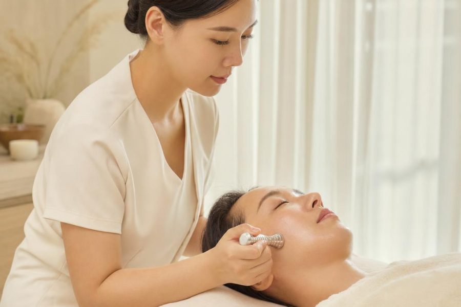 A calm face session. Contact stays light on the cheek, jaw, or temple, and no needle is used.