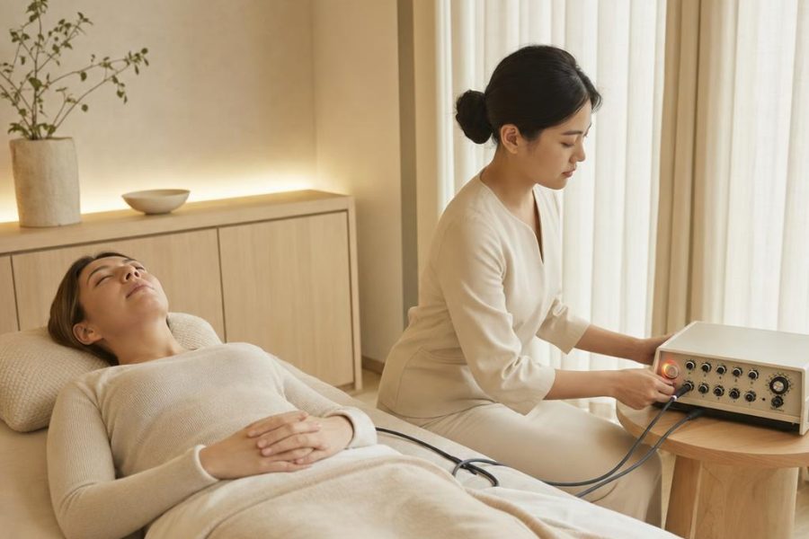 A slow session for guests who want to settle. You rest while Margaret adjusts the NeuroVagus unit and keeps the room quiet.