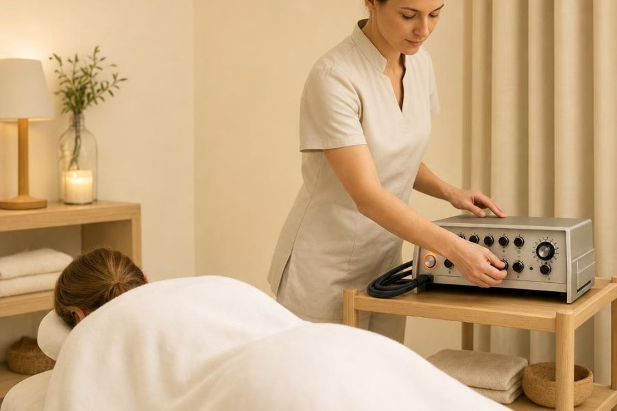 A rest session for guests who want to feel less drained. You lie comfortably while the NeuroVagus unit sits beside you. It is a wellness visit, not a medical treatment.