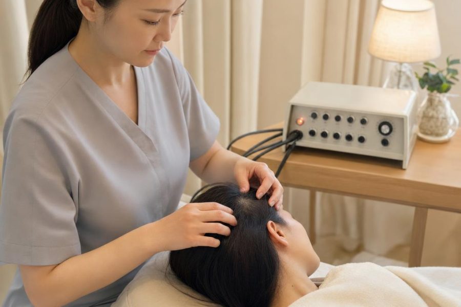 A scalp and hair comfort session. You sit or recline while Margaret works gently along the scalp and hairline. It does not promise regrowth.