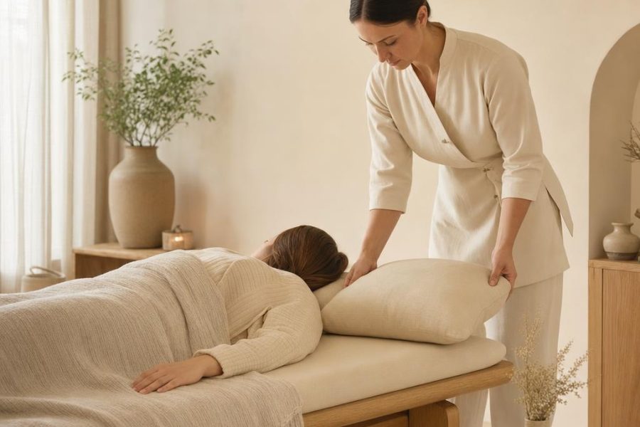 A calm rest visit. You stay covered, and the hour is quiet. It does not treat fertility.